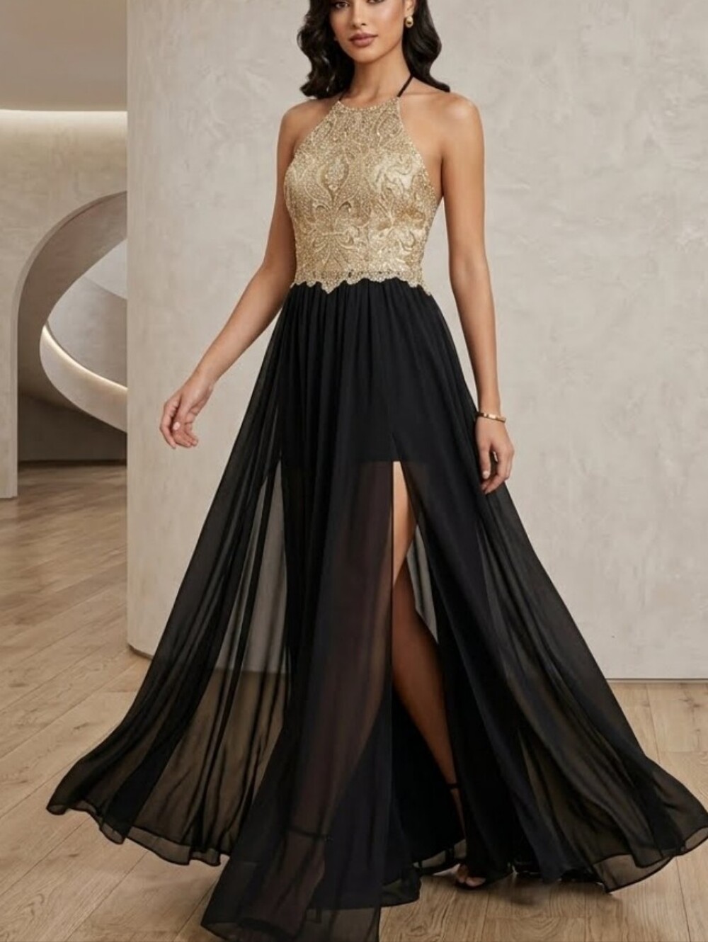Soieblu Embroidered Halter Evening Slit Sides  Dress in Gold and Black Sz S